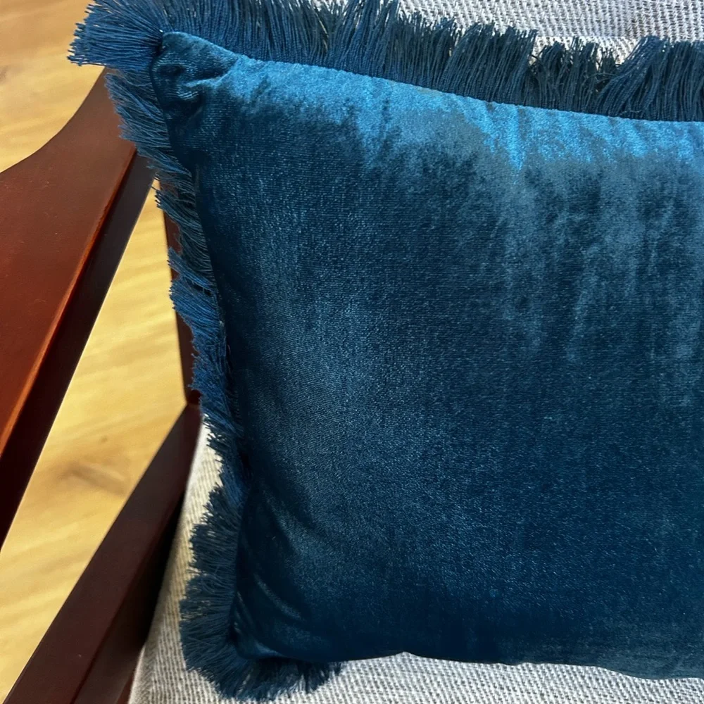 West Elm Teal Velvet Fringe Pillow